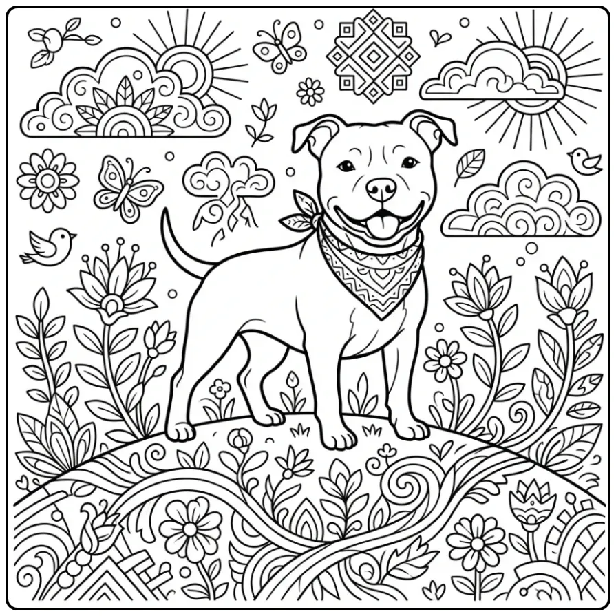 Stylized line art Pitbull Coloring Page For Adults with sunbursts.