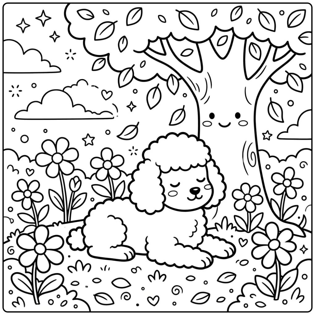 A cute cartoon Simple Poodle Coloring Page of a dog relaxing.