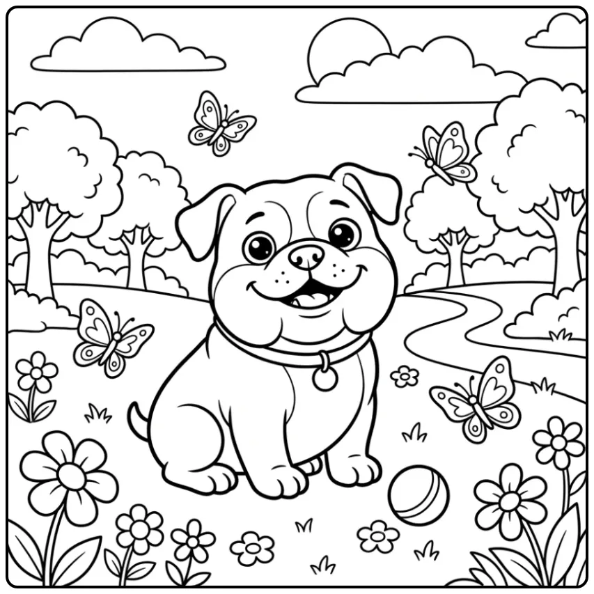 A happy bulldog with a ball in a park, a Cute Bulldog Coloring Page.