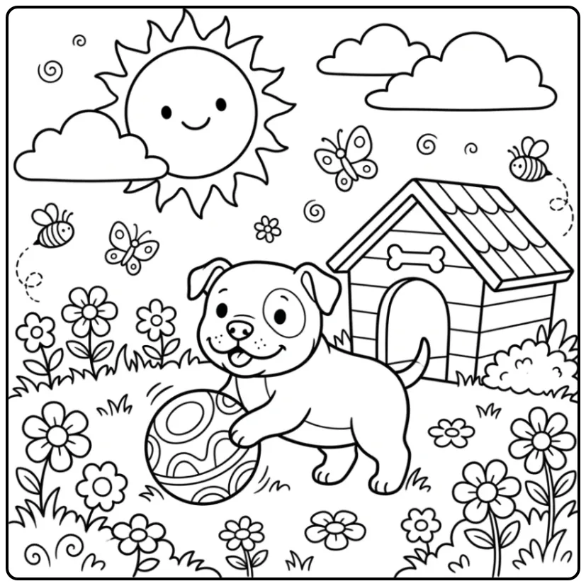 A joyful puppy by his doghouse on this Easy Pitbull Coloring Page.