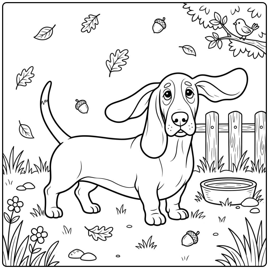 Realistic Basset Hound coloring page with a dog by a fence