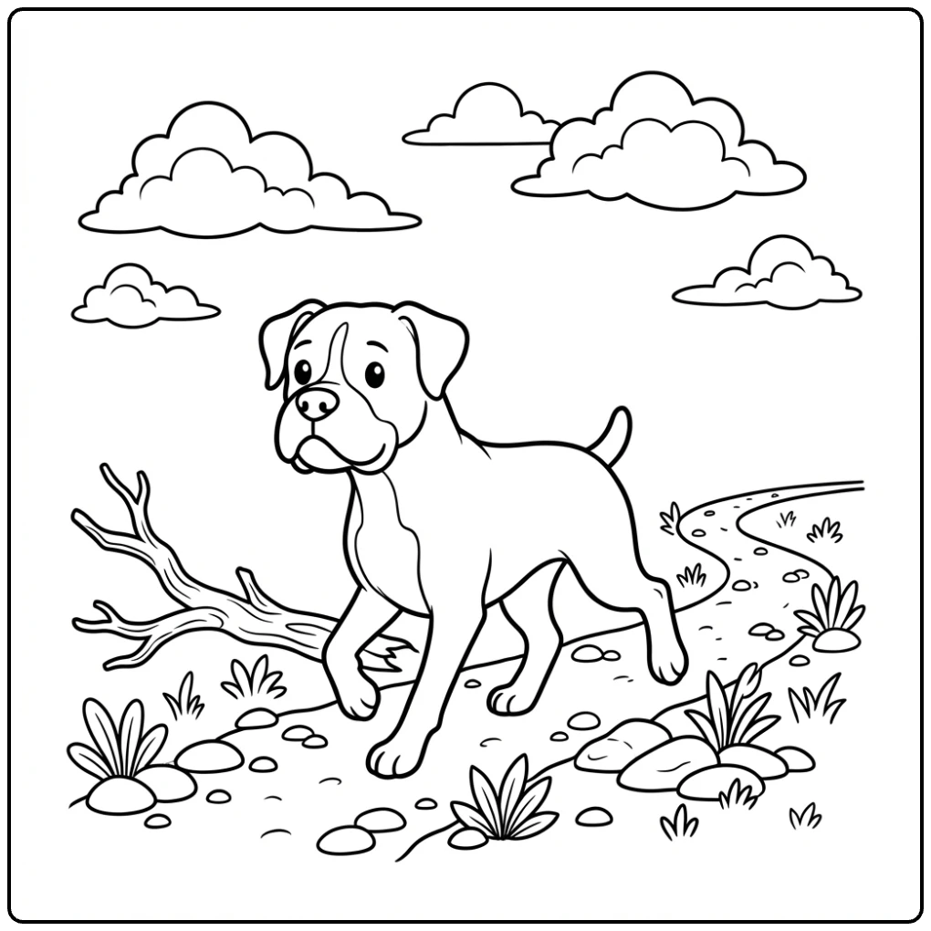 Trotting realistic Boxer dog coloring page with clouds