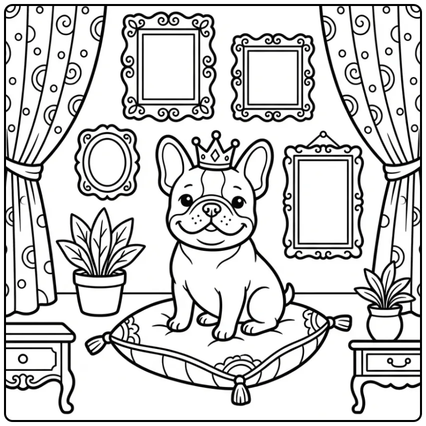 A royal pup on a pillow: French Bulldog Coloring Page.