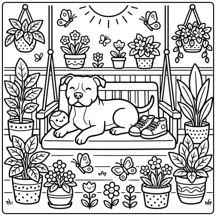 A friendly dog on a Realistic Pitbull Coloring Page with a ball.