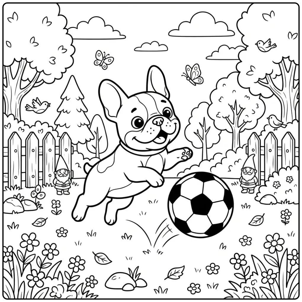 A happy puppy on a French Bulldog Coloring Page playing soccer.