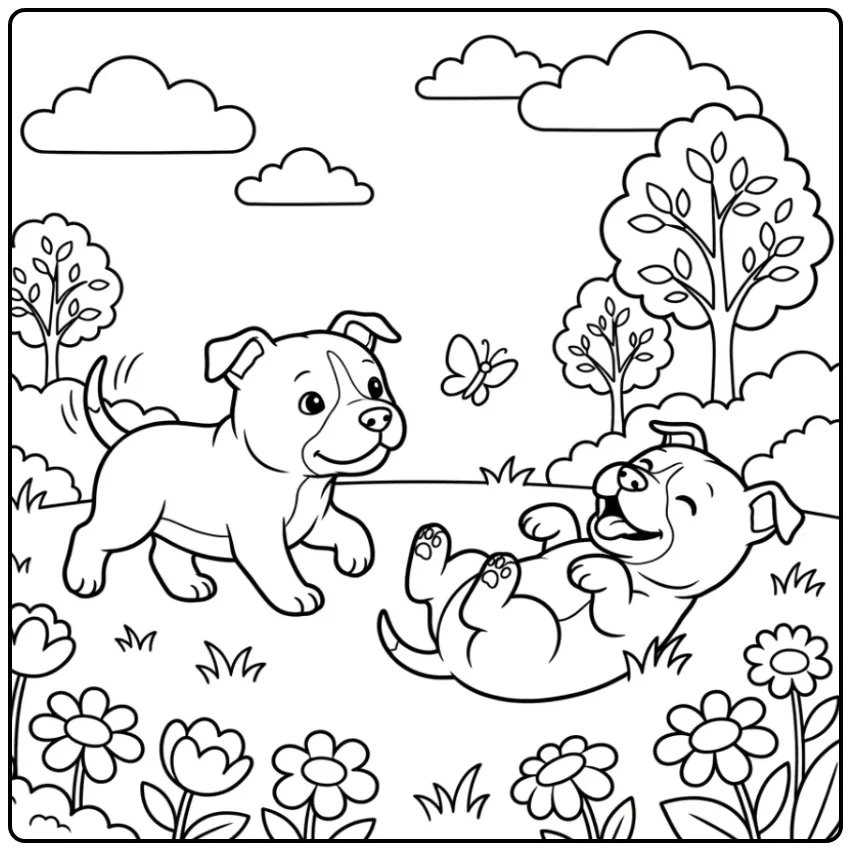 A smiling cartoon Pitbull Coloring Page with hearts and stars.