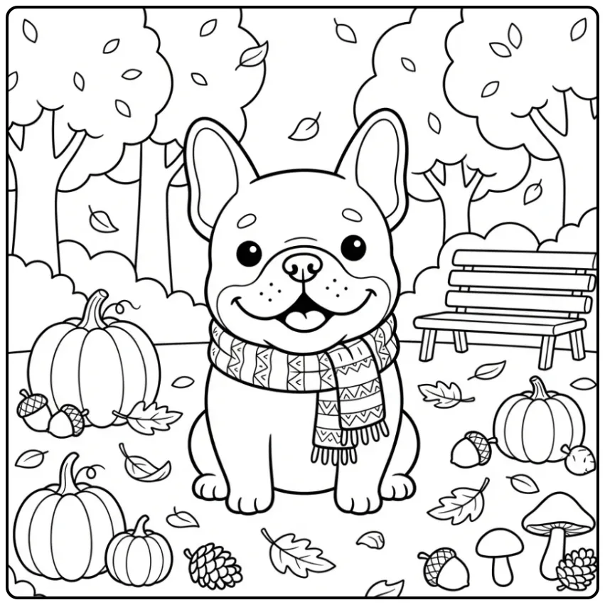 A cute cartoon French Bulldog Coloring Page with an autumn scarf.
