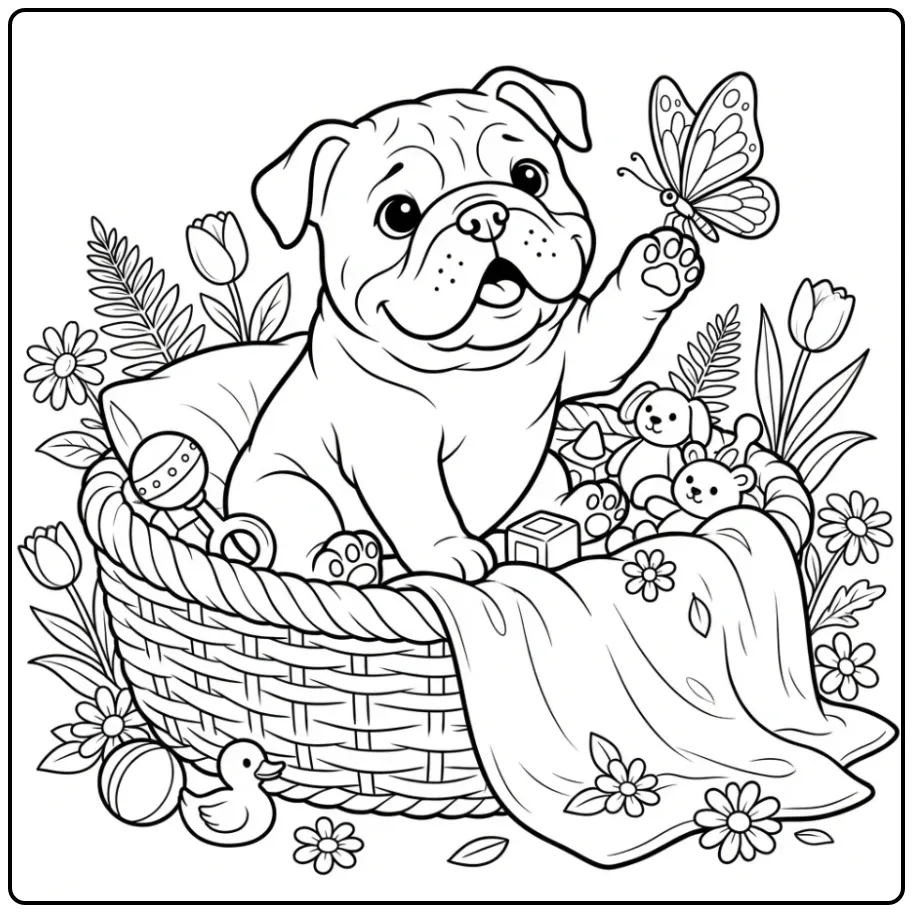 A cute cartoon Baby Bulldog Coloring Page in a soft basket.