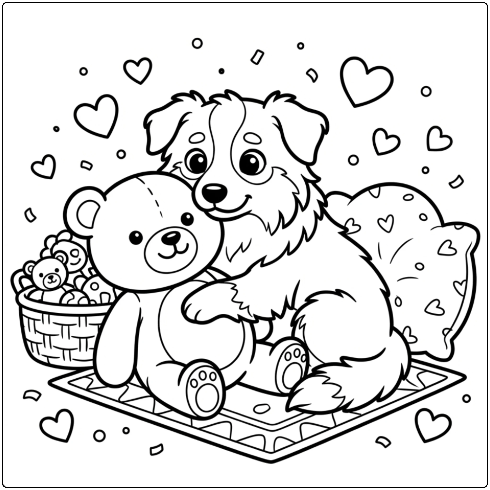 Printable cute Australian shepherd coloring page hugging teddy