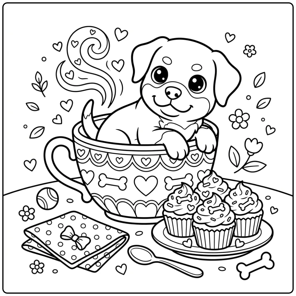 Cute Rottweiler coloring page showing a puppy in a teacup.