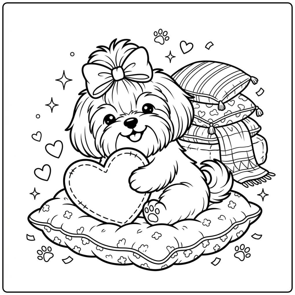 A cute Shih Tzu coloring page showing a puppy hugging a heart.