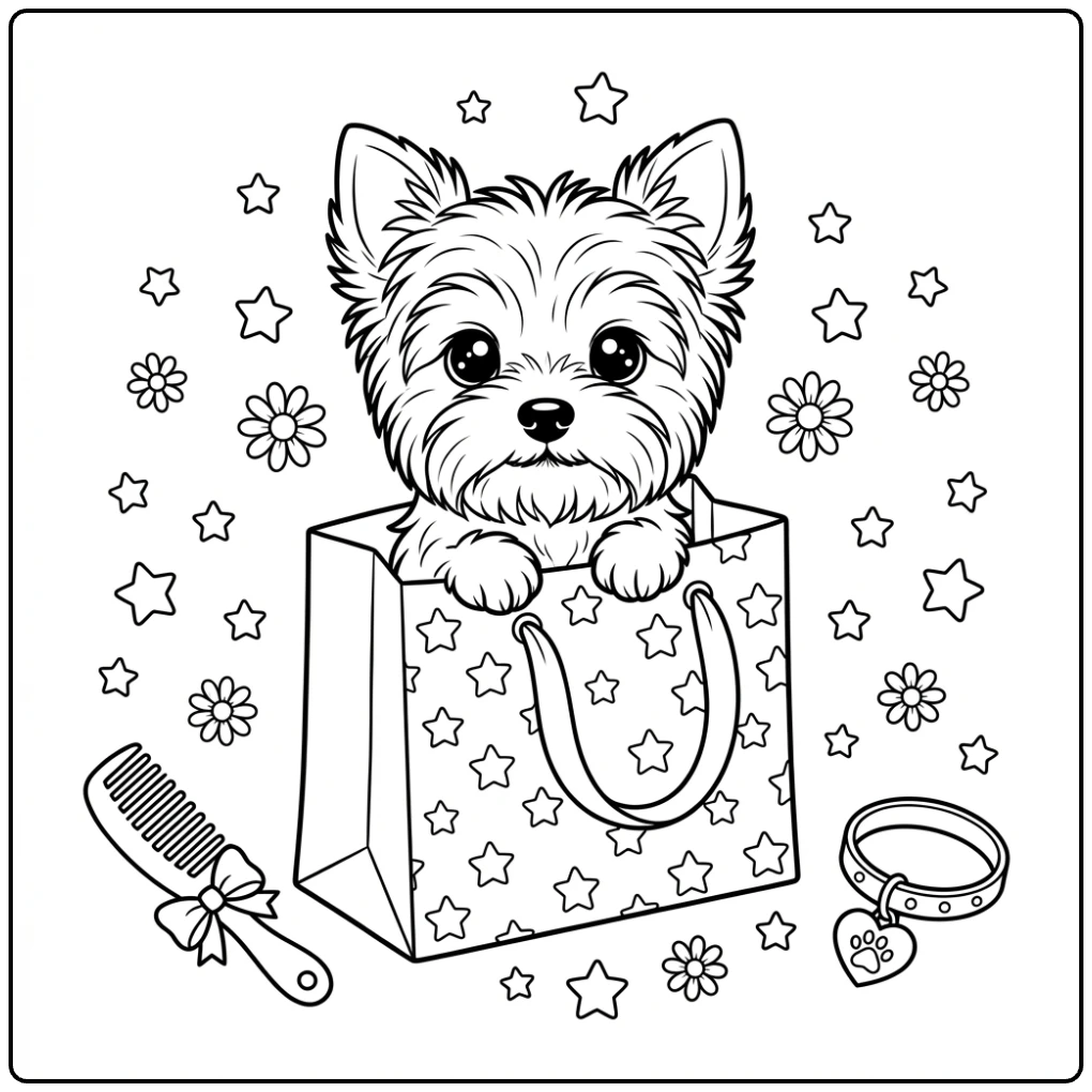 Cute Yorkie coloring page peeking from a gift bag.