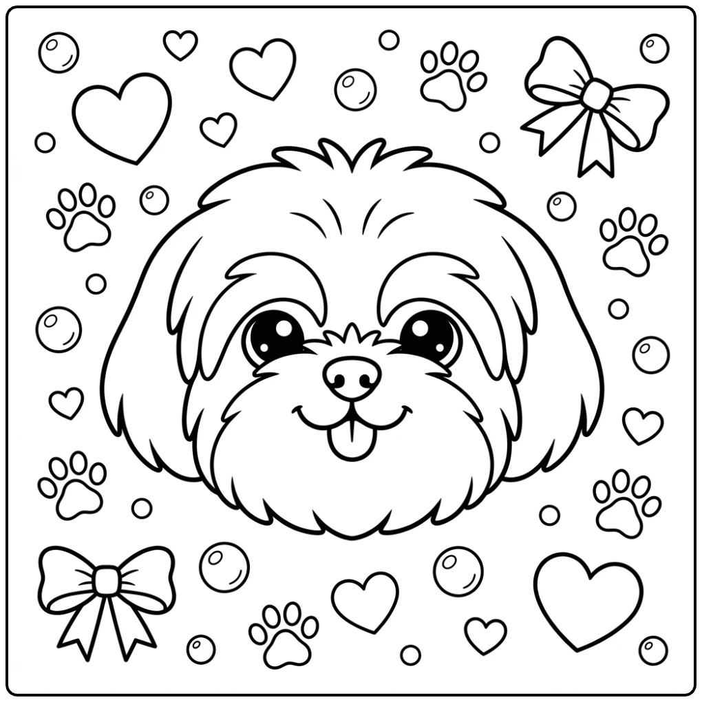 Cute puppy face design on a fun Shih Tzu coloring page.