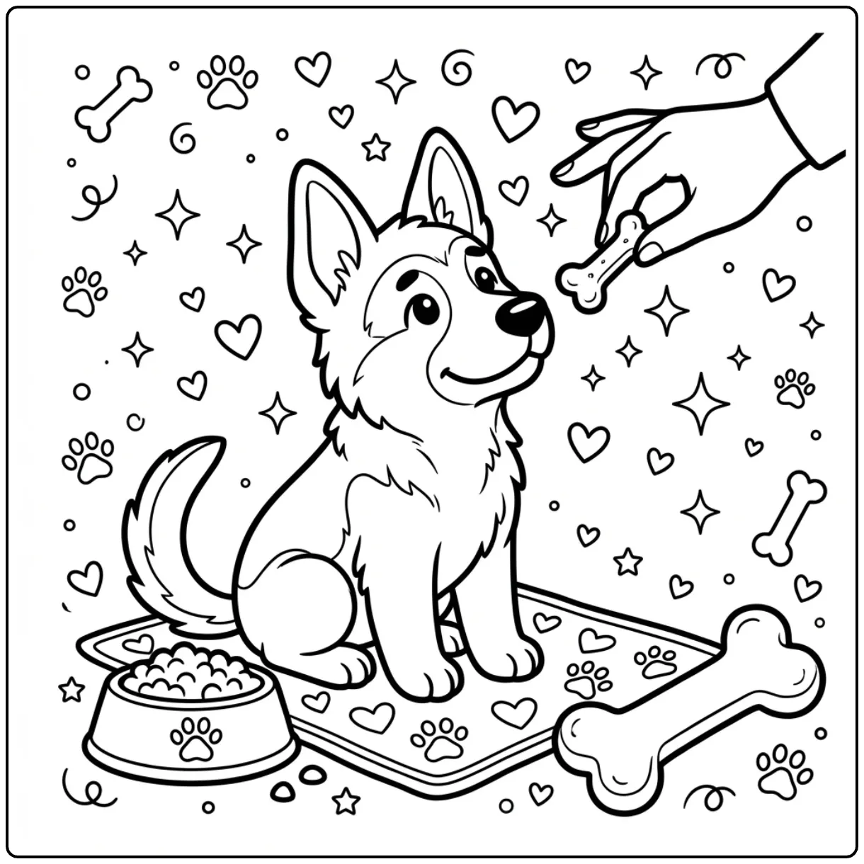 Cute German Shepherd Puppy coloring page sitting for a treat.