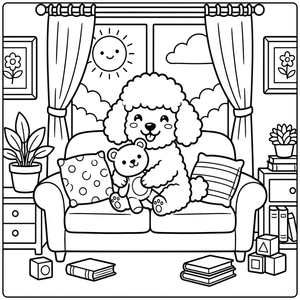 A cute poodle on a couch with a toy Poodle Coloring Page.