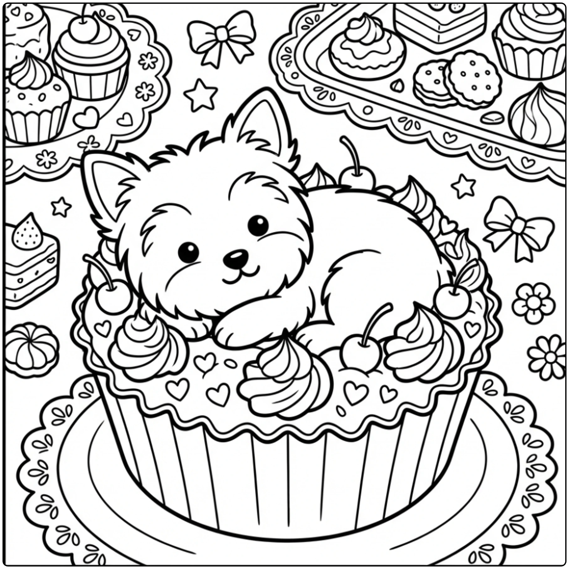 Cute Teacup Yorkie coloring page inside a cupcake wrapper.