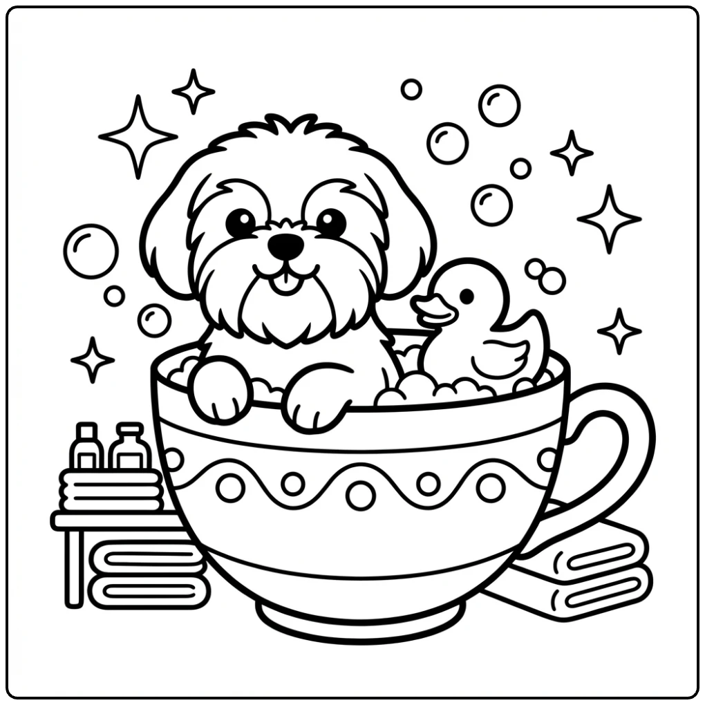 Cute Shih Tzu coloring page with bubbles and a rubber duck.