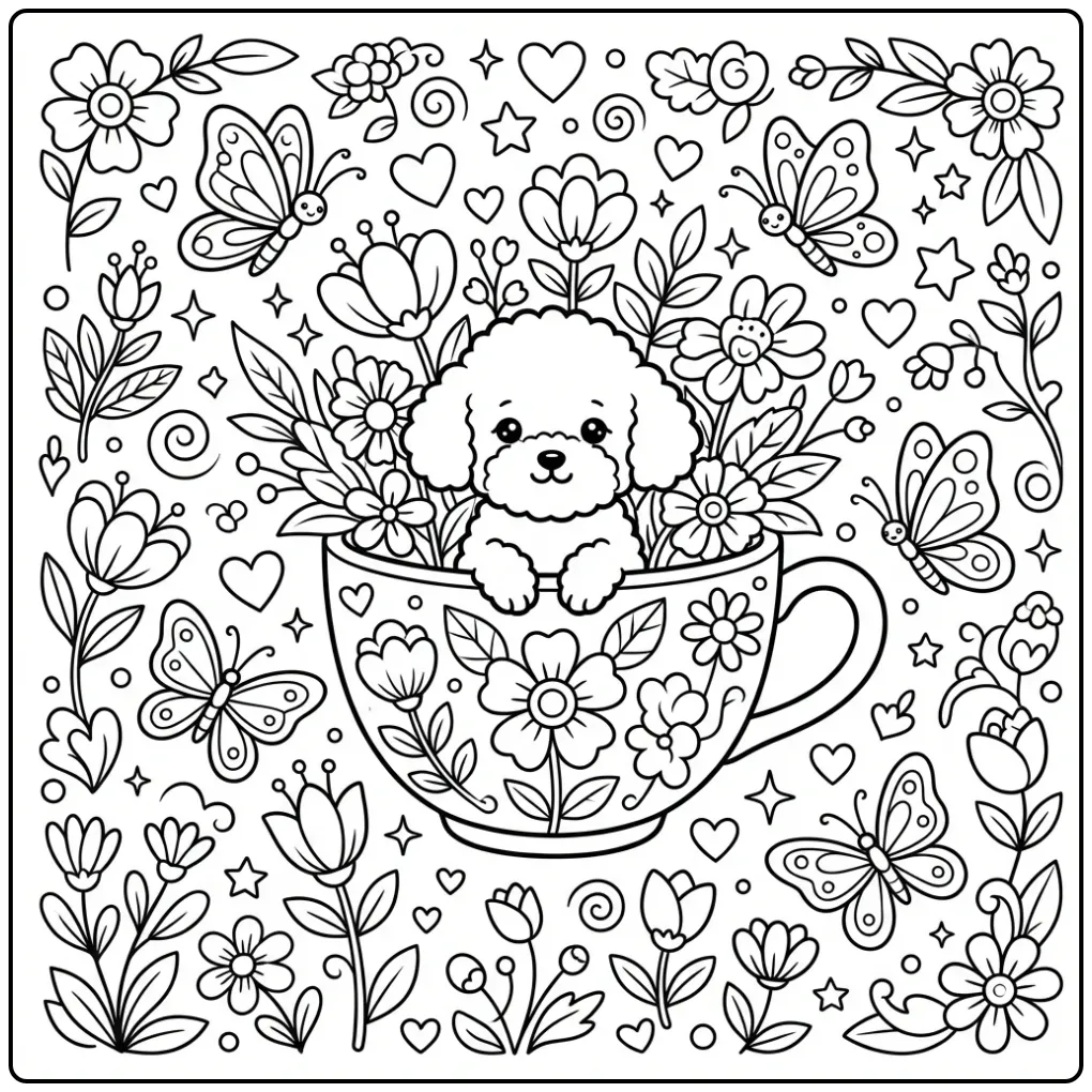 A cute teacup puppy scene for a Toy Poodle Coloring Page.