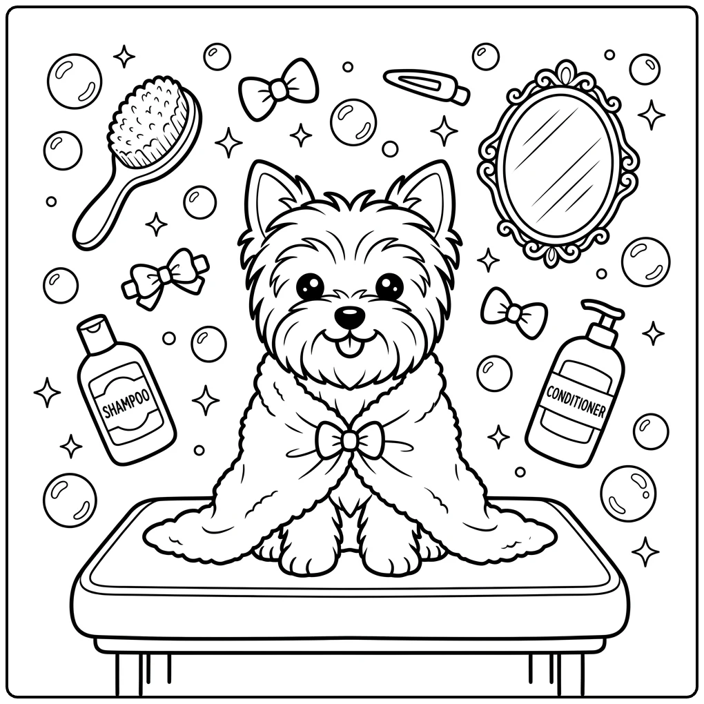 Cute pet salon scene for this Yorkie coloring page.