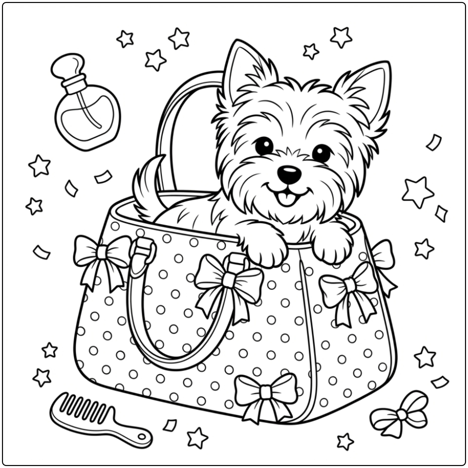 Cute Yorkie coloring page peeking from a polka-dot bag.