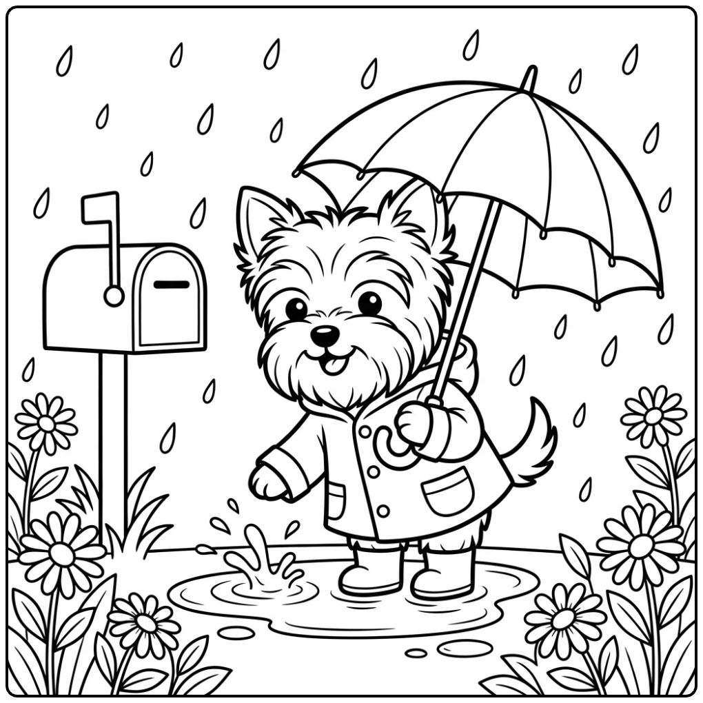 Cute rainy day Yorkie coloring page in raincoat and boots.