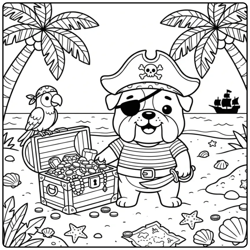 A cute pirate Bulldog Coloring Page with a parrot and treasure.