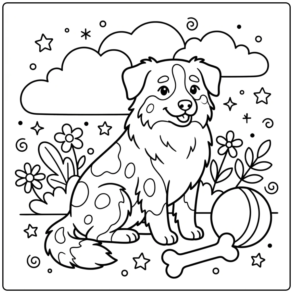 Cute easy Australian shepherd coloring page with a bone.