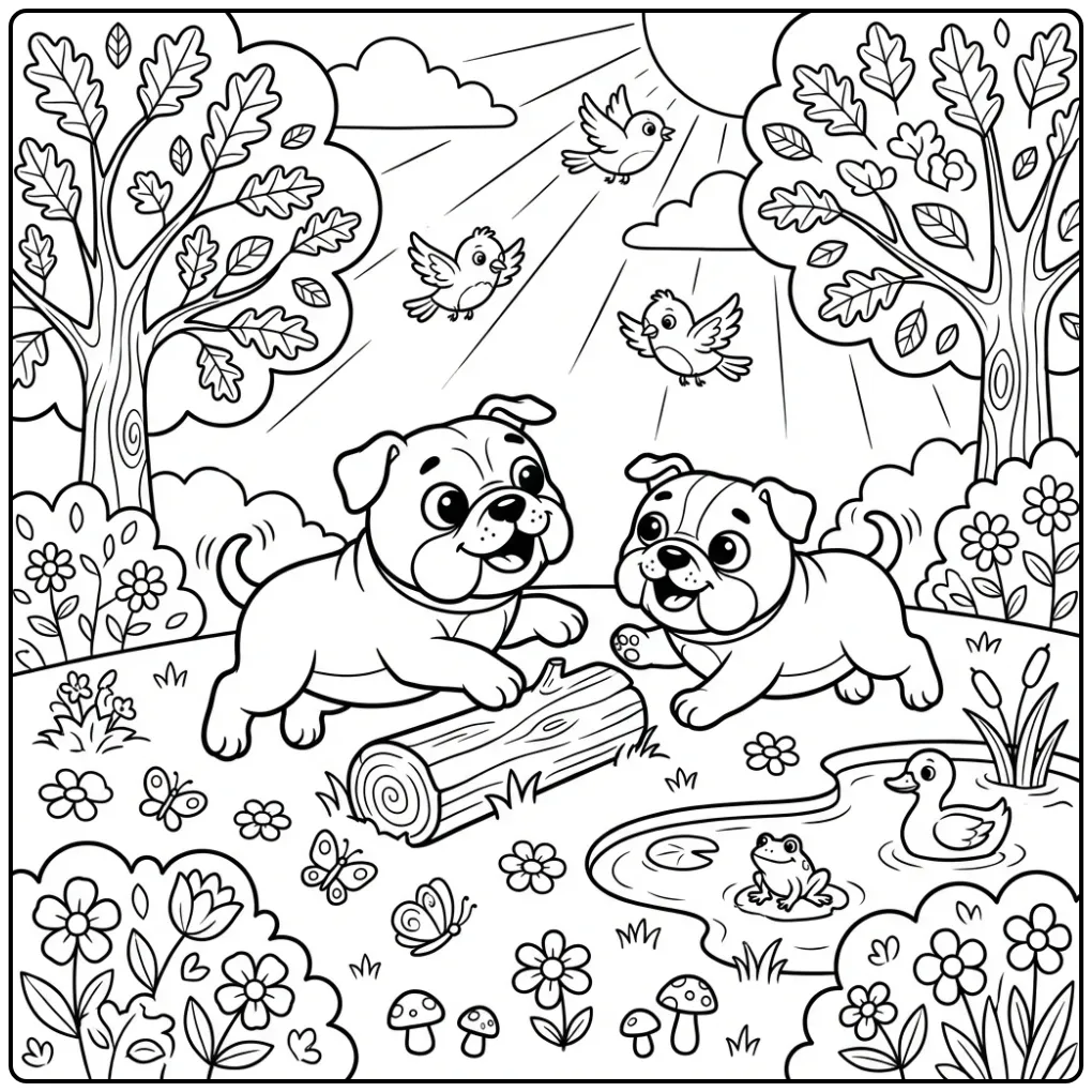 Two happy dogs chasing in a park Bulldog Puppy Coloring Page.
