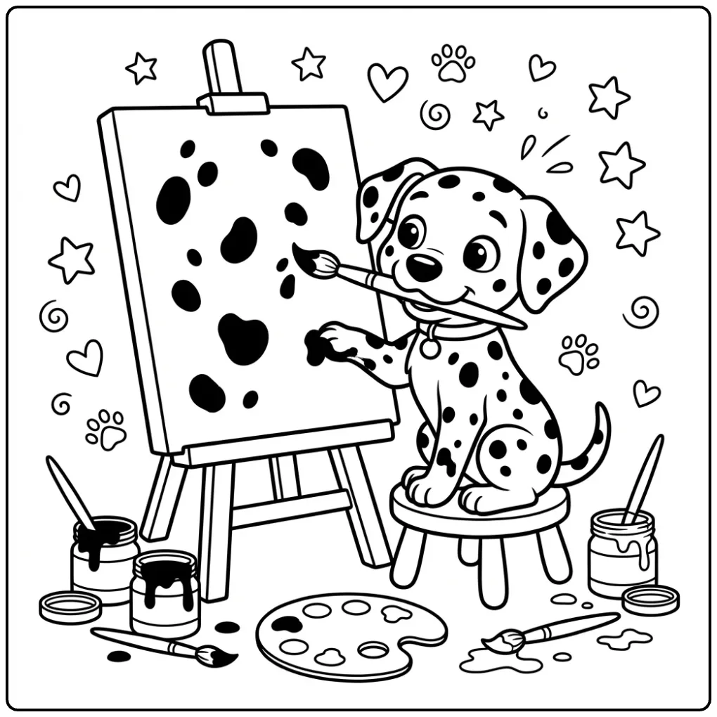 Cute Dalmatian coloring page of a puppy painting spots.