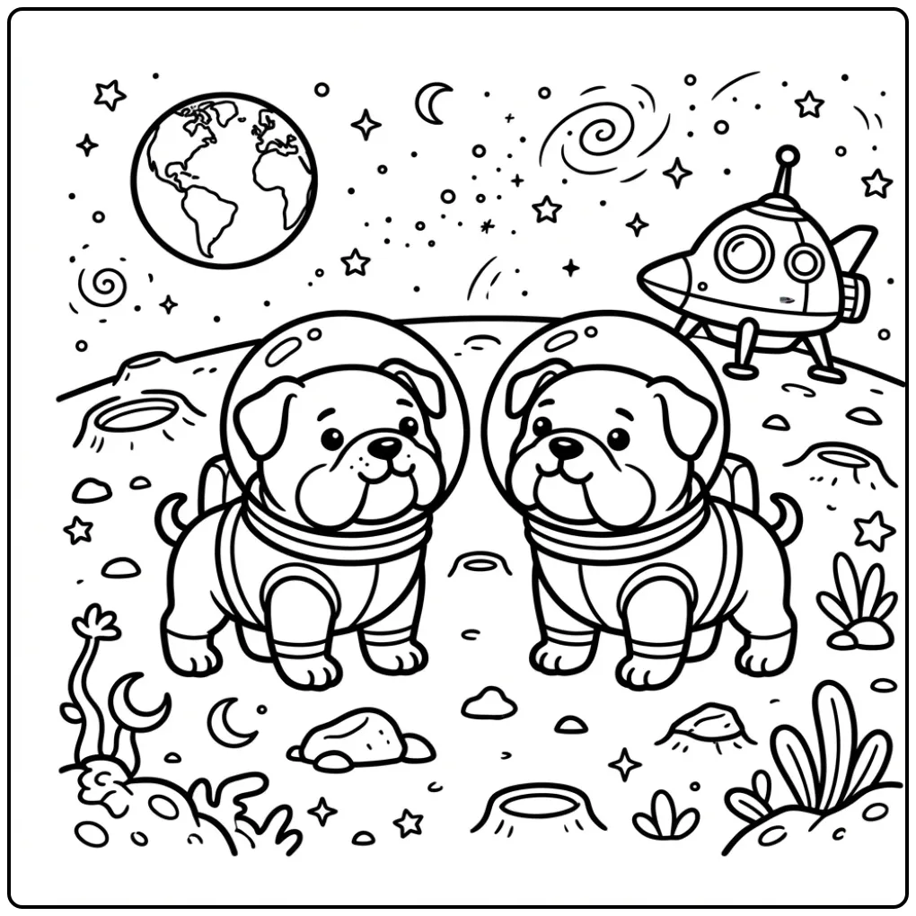 A fun space adventure Bulldog Coloring Page with two puppies.