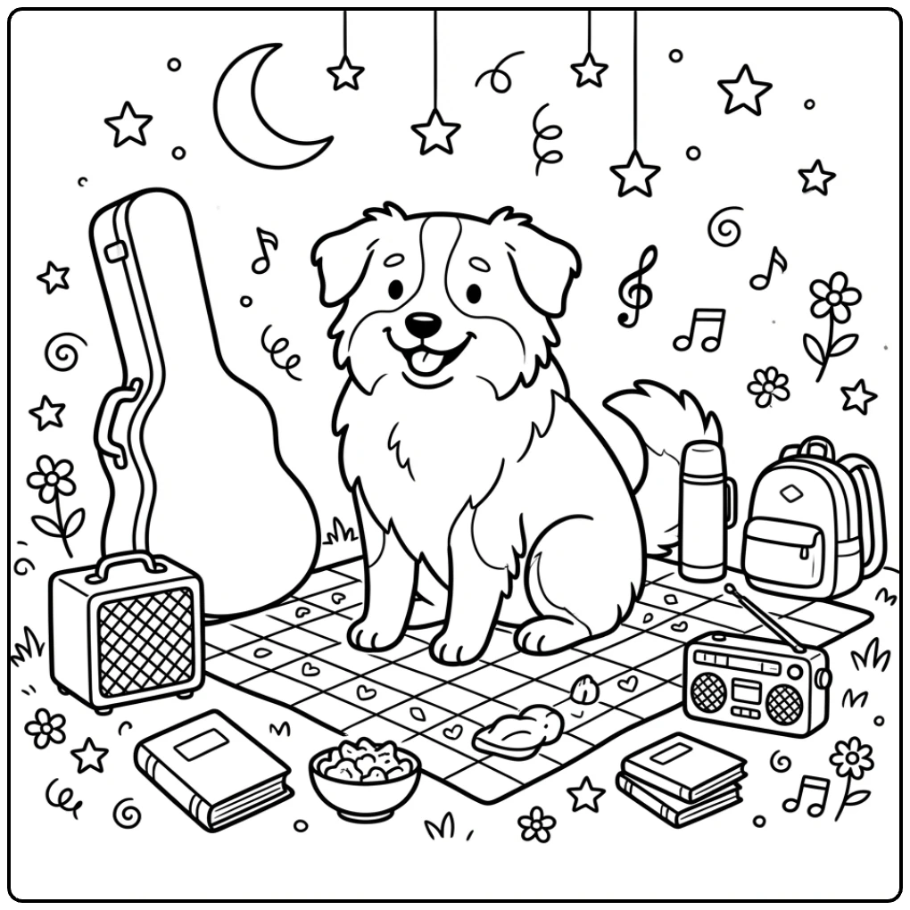 Cute Australian shepherd coloring page for teens with guitar