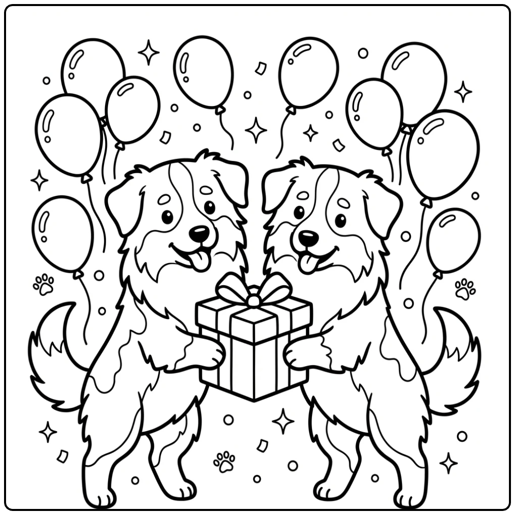 Australian Shepherd coloring page showing dogs with a gift