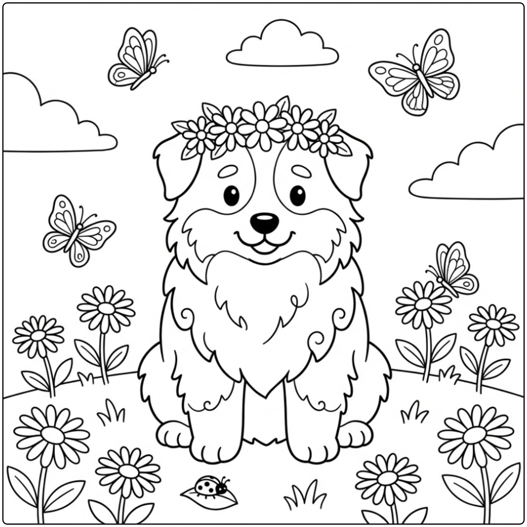 Cute Australian Shepherd coloring page in a flower meadow.