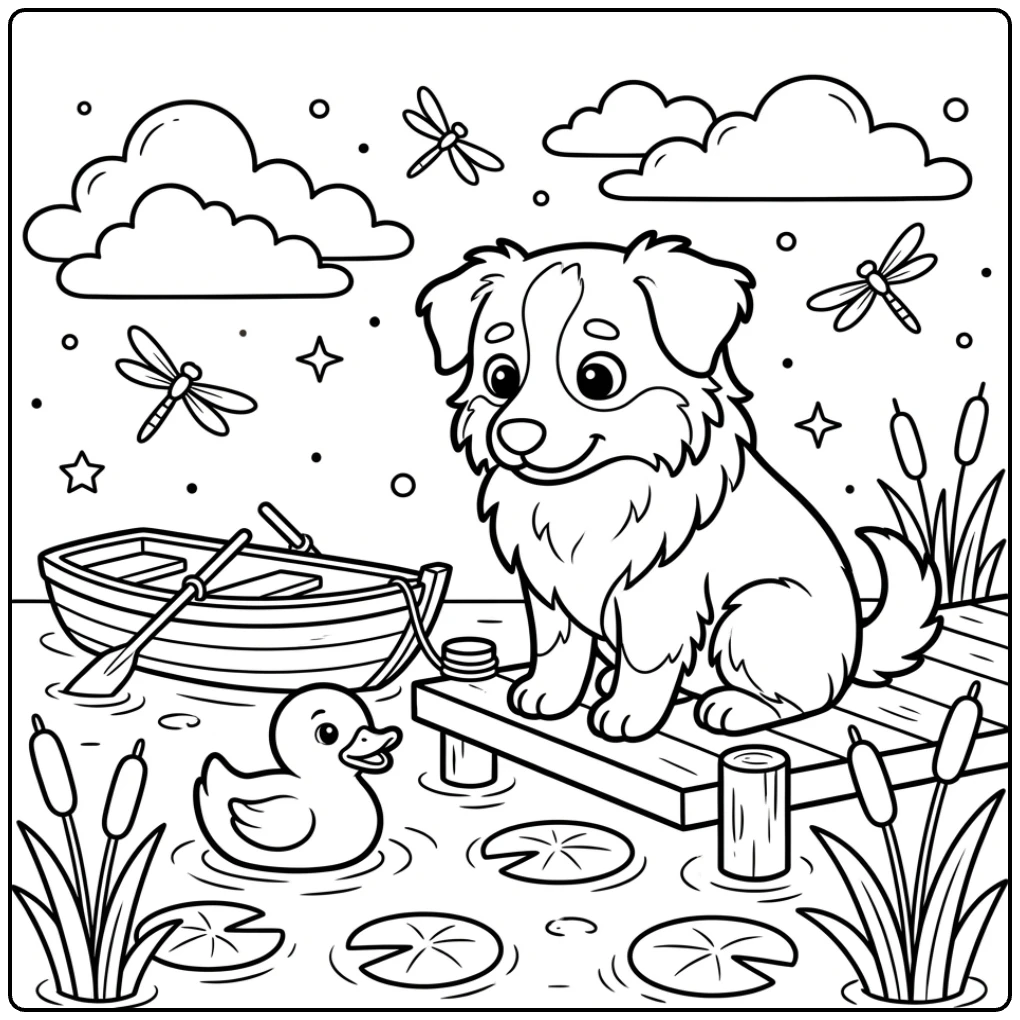 Cute Australian Shepherd coloring page on a dock with a duck.