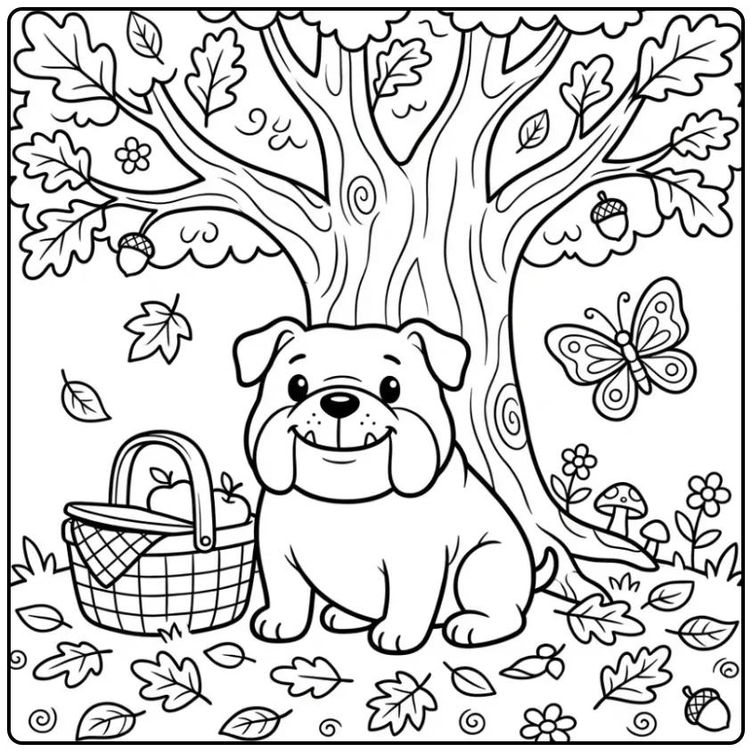 A happy Bulldog Coloring Page with a picnic basket and butterfly.