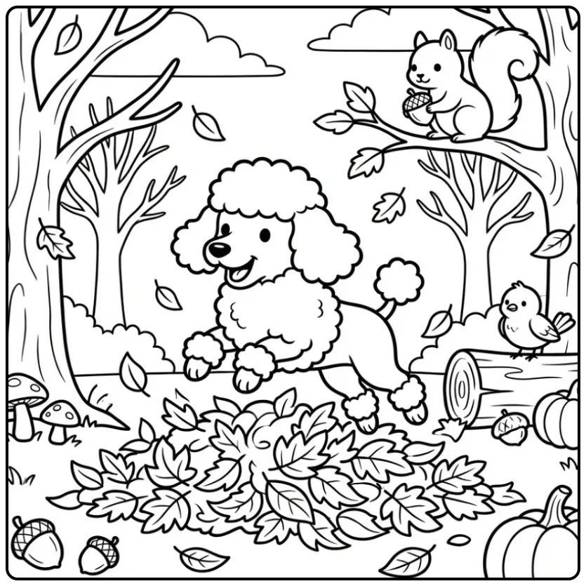 A cute dog playing in autumn leaves on this Poodle Coloring Page.