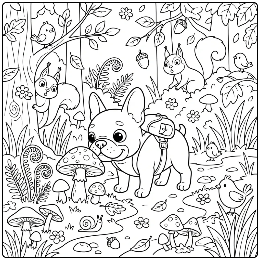 Adventurous French Bulldog Coloring Page in a whimsical forest.