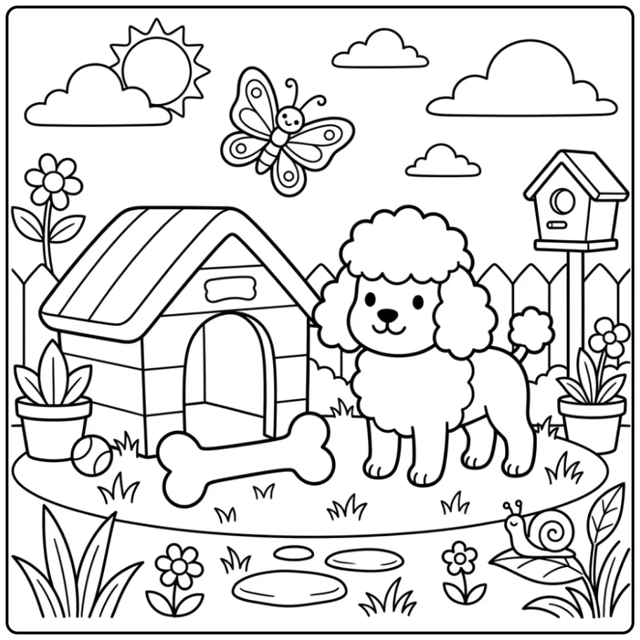 A cute Simple Poodle Coloring Page with a doghouse and bone.
