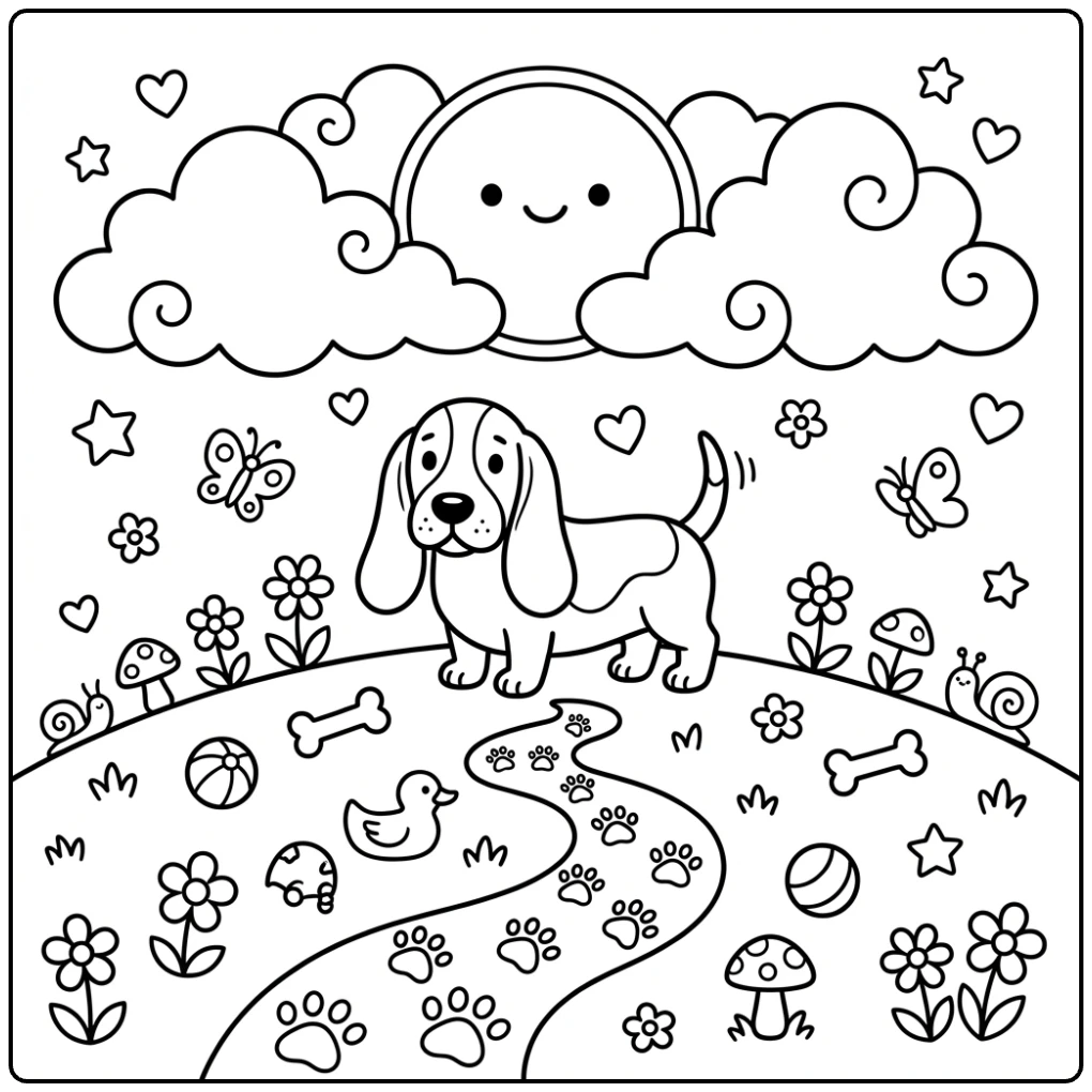 Cute Basset Hound coloring page for beginners on a sunny hill