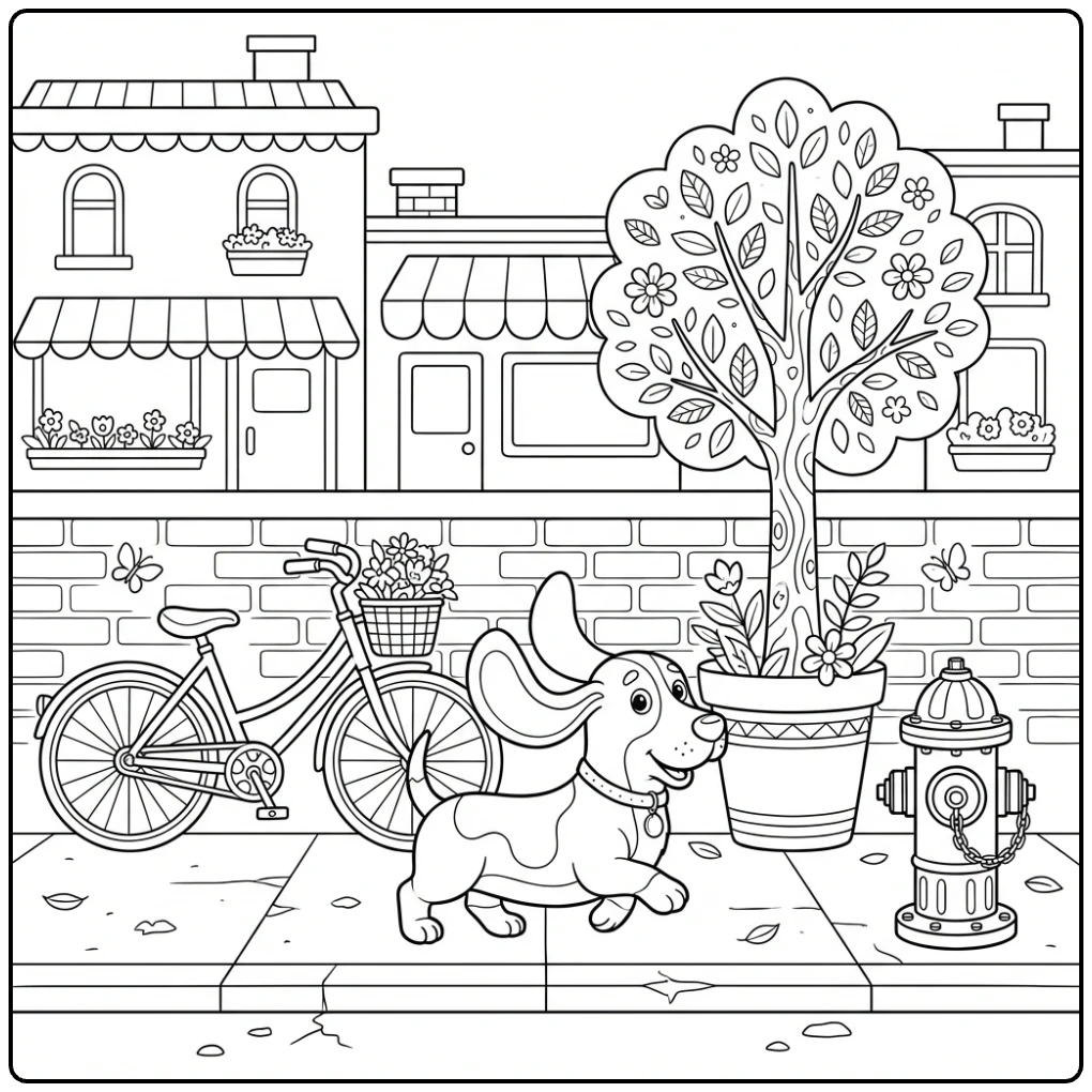 A Basset Hound coloring page trotting past a city fire hydrant.