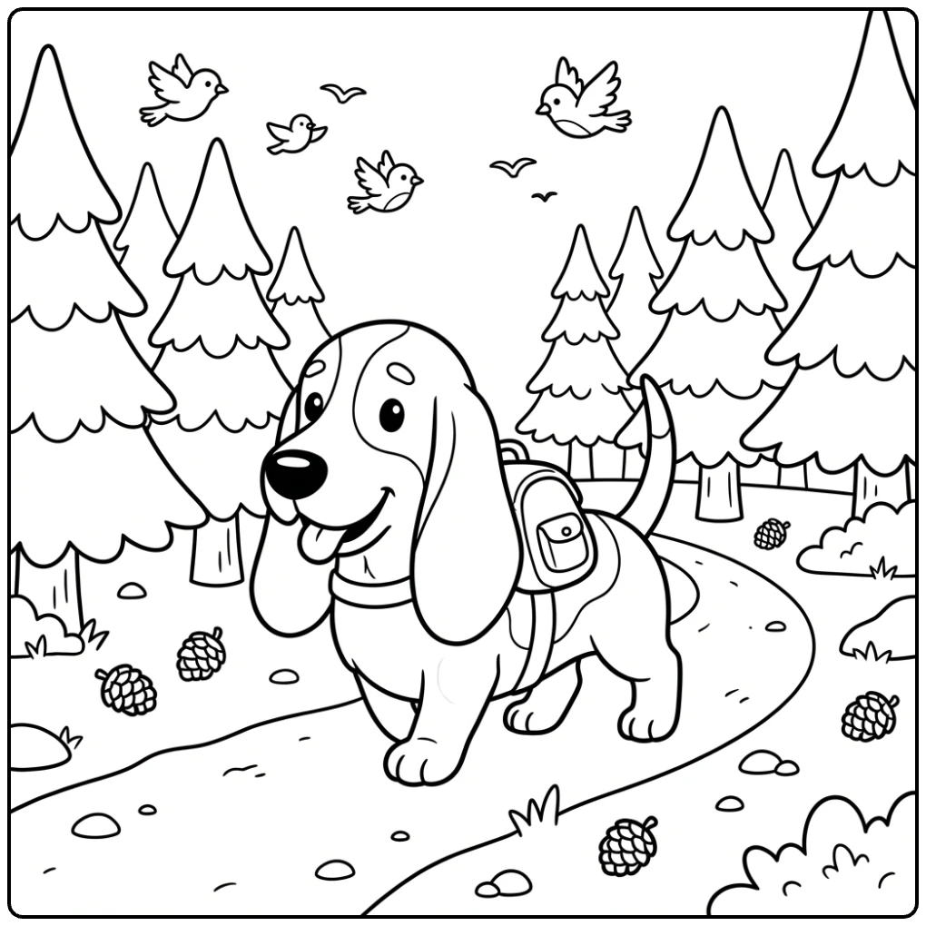 Cute Basset Hound coloring page hiking with a backpack.