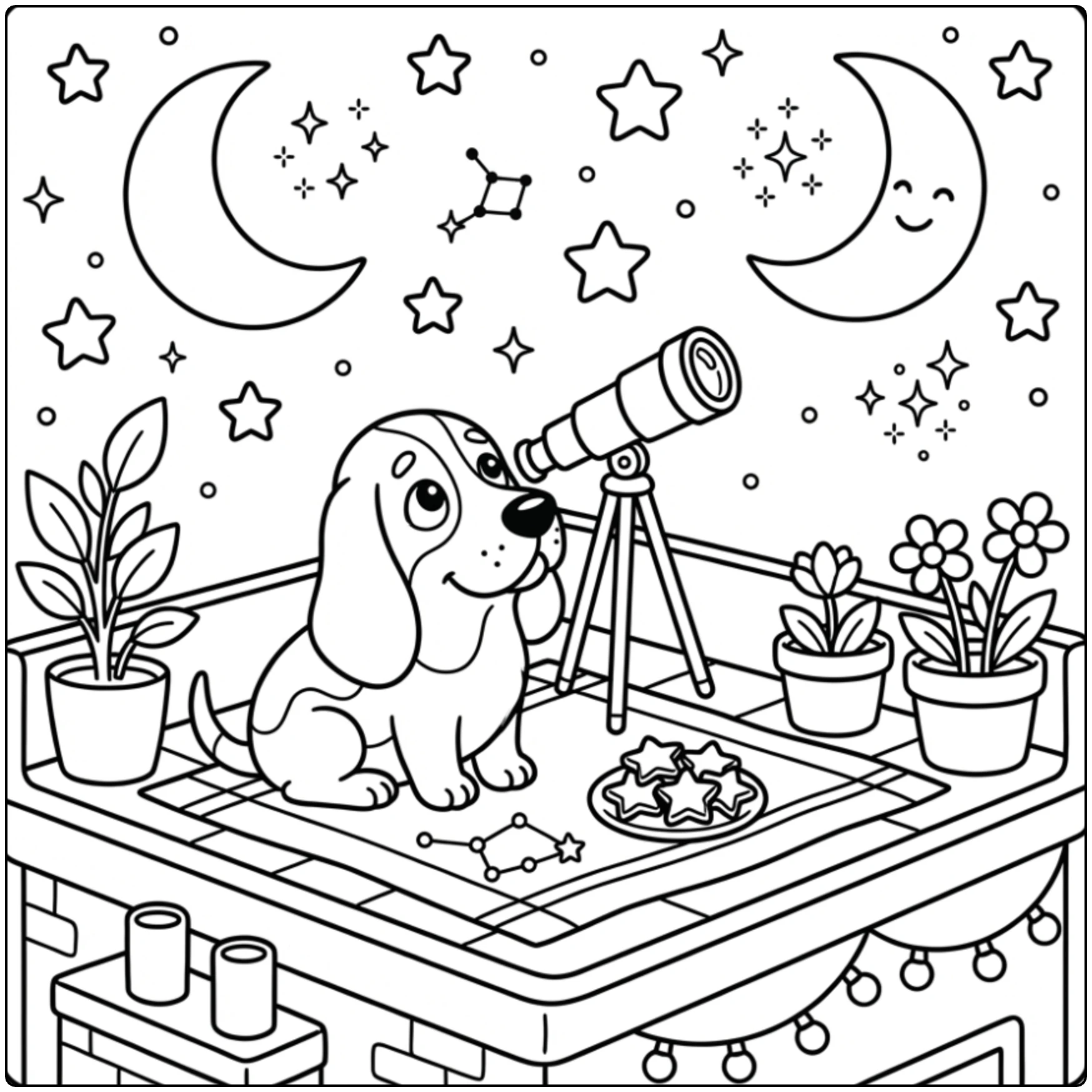 Cute Basset Hound coloring page stargazing on a roof.