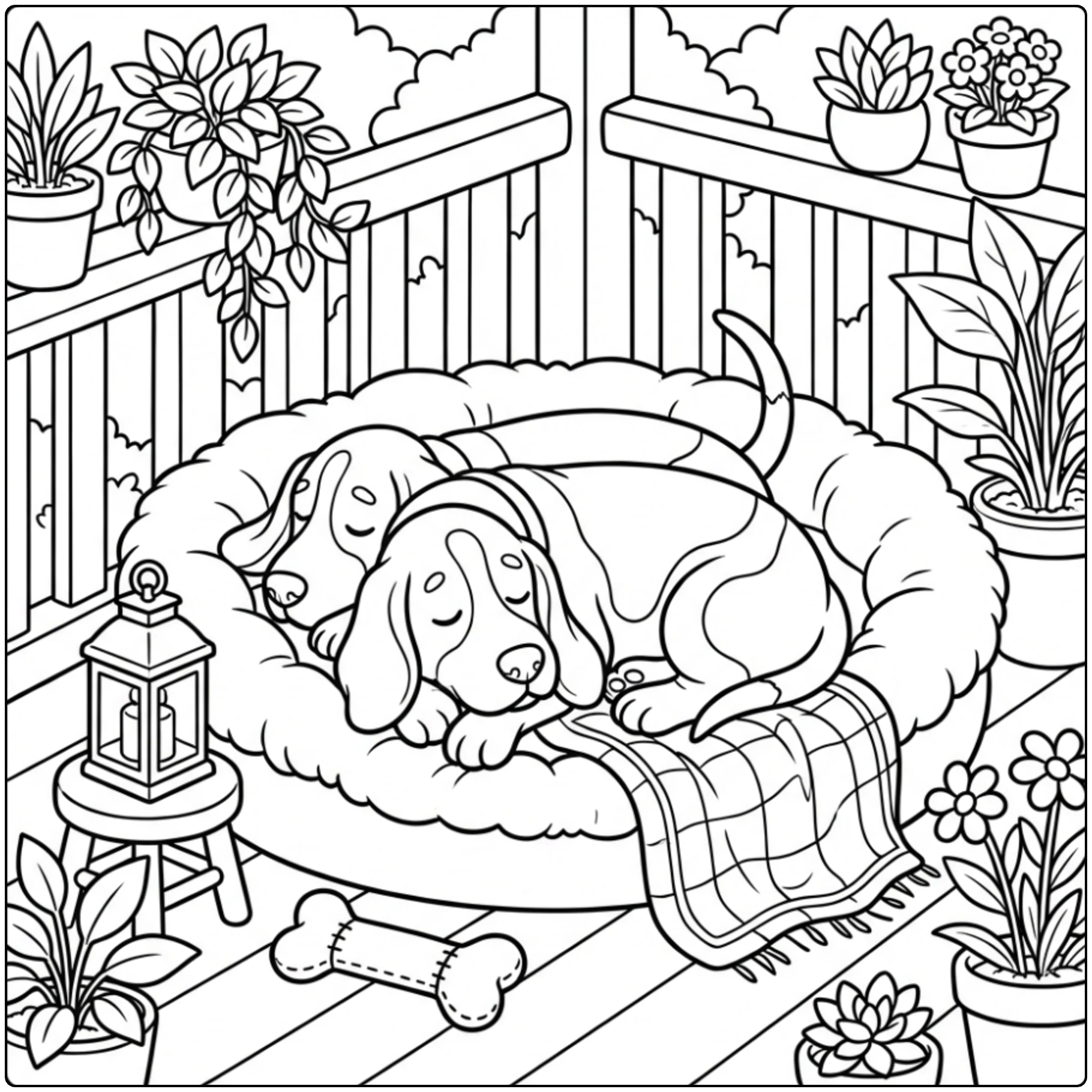 Cute Basset Hound porch nap coloring page with two sleeping dogs.