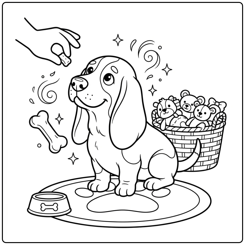 Cute Basset Hound Puppy coloring page with toys and a bone.