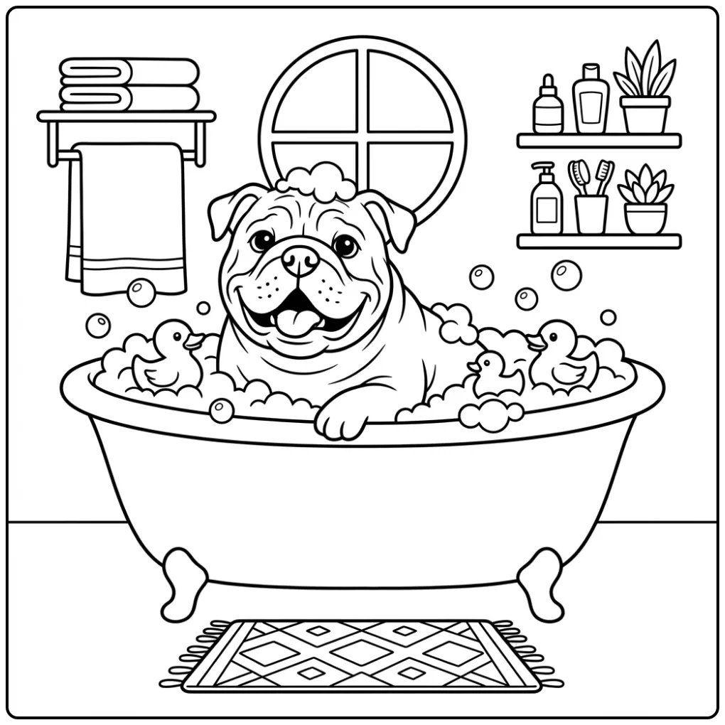 A happy cartoon Bulldog Coloring Page in a bubbly clawfoot tub.