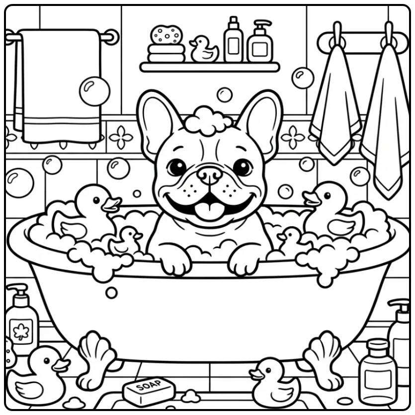 Adorable French Bulldog Coloring Page with rubber ducks and bubbles.