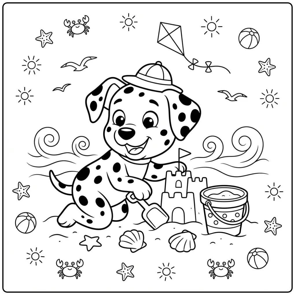 Cute Dalmatian coloring page with a puppy building a sandcastle