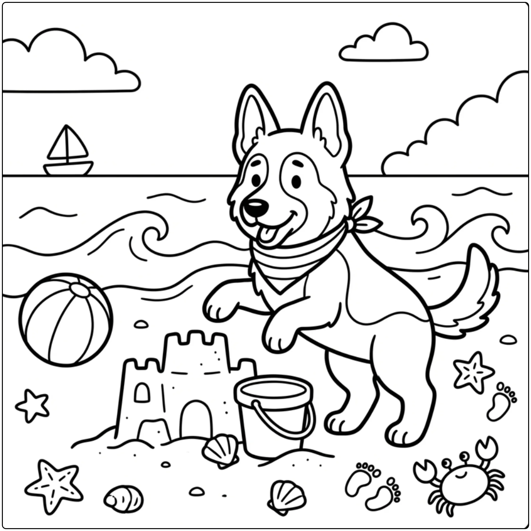 Cute German Shepherd coloring page for kids building sandcastle