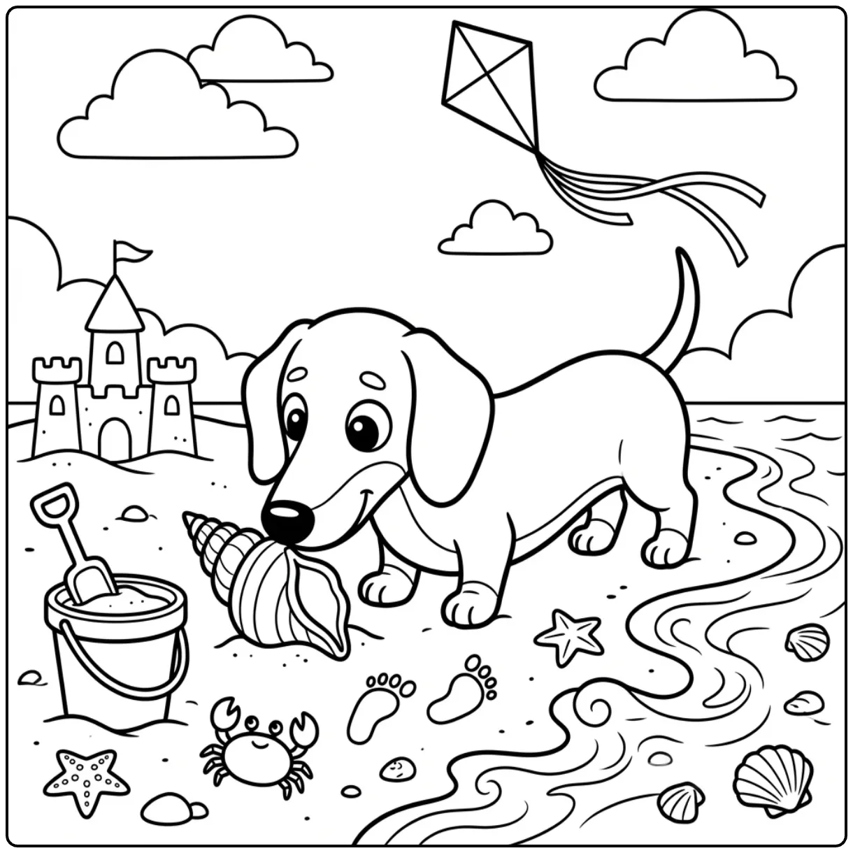 Cute Dachshund coloring page with a puppy sniffing a seashell.