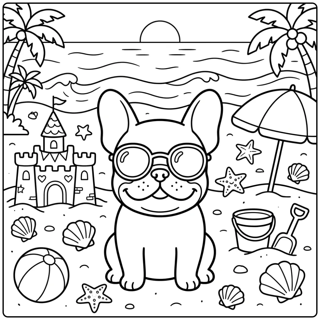 A cool Easy French Bulldog Coloring Page with sunglasses.